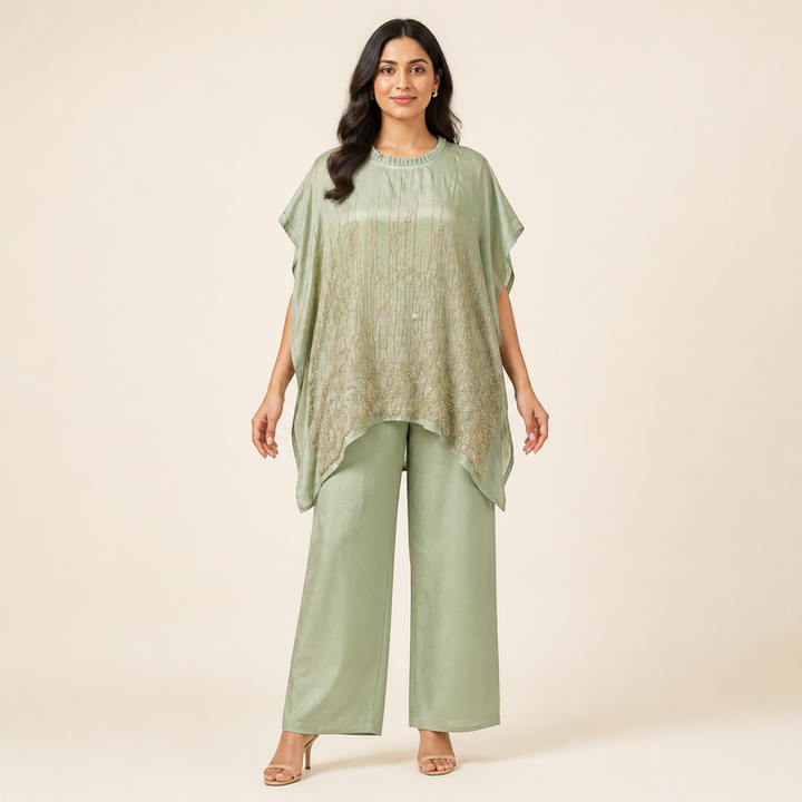 Sage Green Embellished Kaftan Pant Set