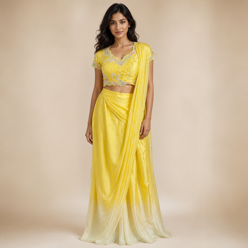 Sunshine Yellow Embroidered Draped Indo-Western Set