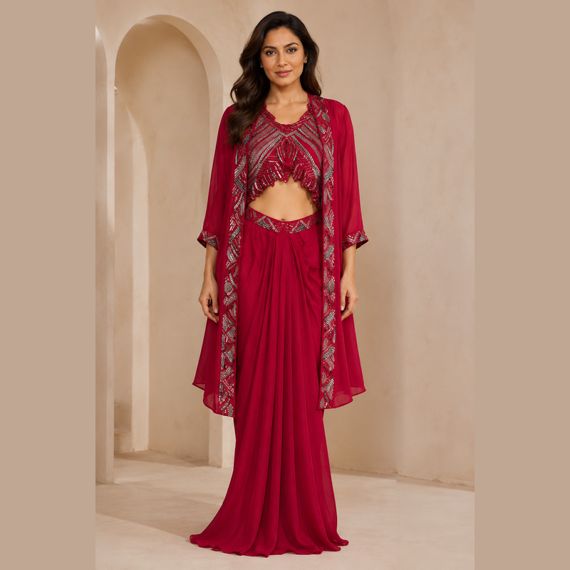 Ruby Red Embellished Indo-Western Three-Piece Set
