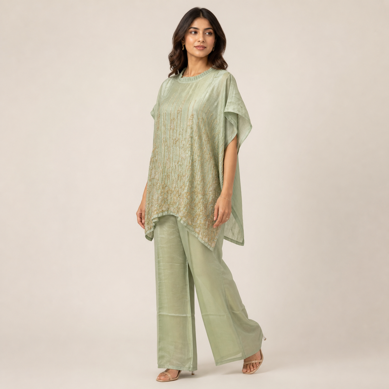 Sage Green Embellished Kaftan Pant Set