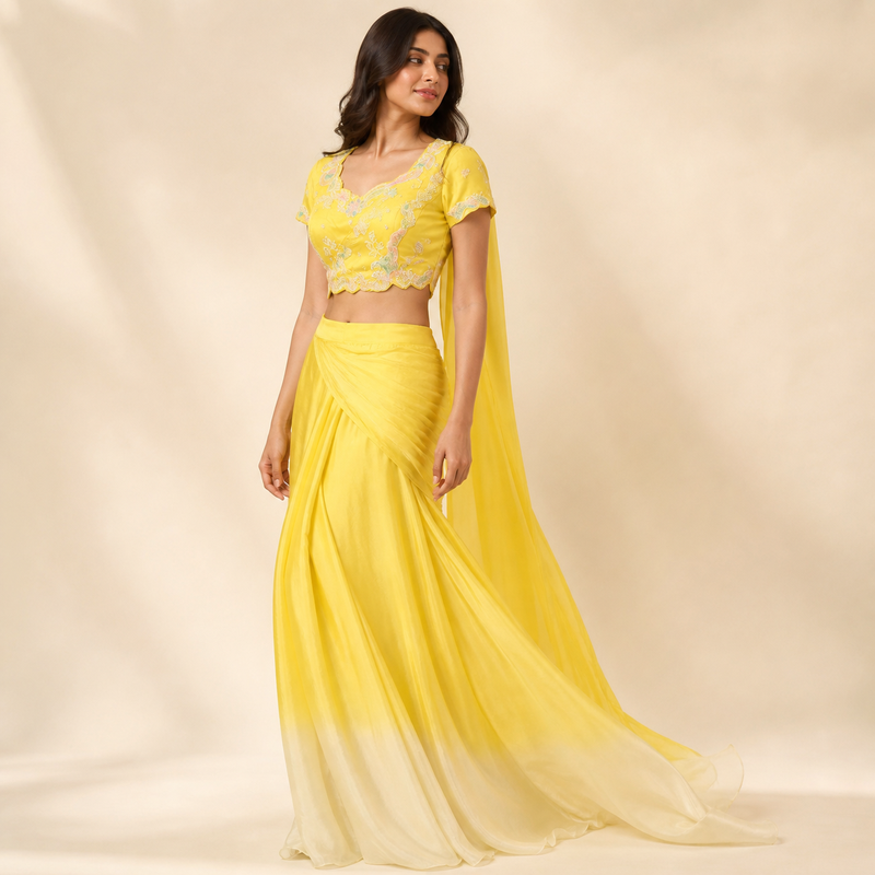 Sunshine Yellow Embroidered Draped Indo-Western Set