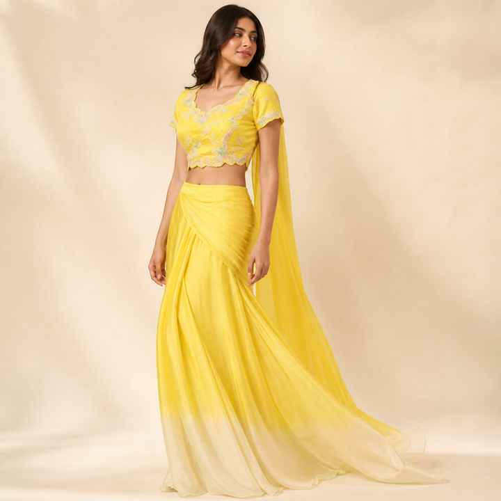 Sunshine Yellow Embroidered Draped Indo-Western Set