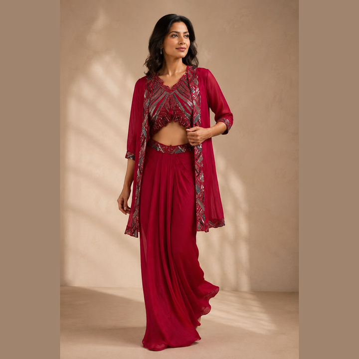 Ruby Red Embellished Indo-Western Three-Piece Set