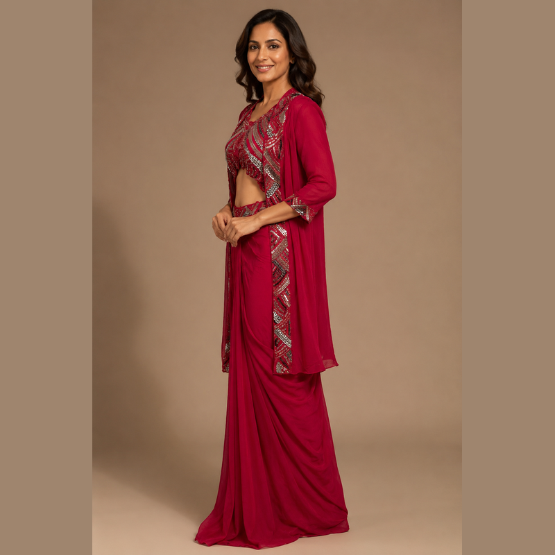 Ruby Red Embellished Indo-Western Three-Piece Set