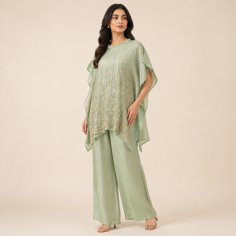 Sage Green Embellished Kaftan Pant Set