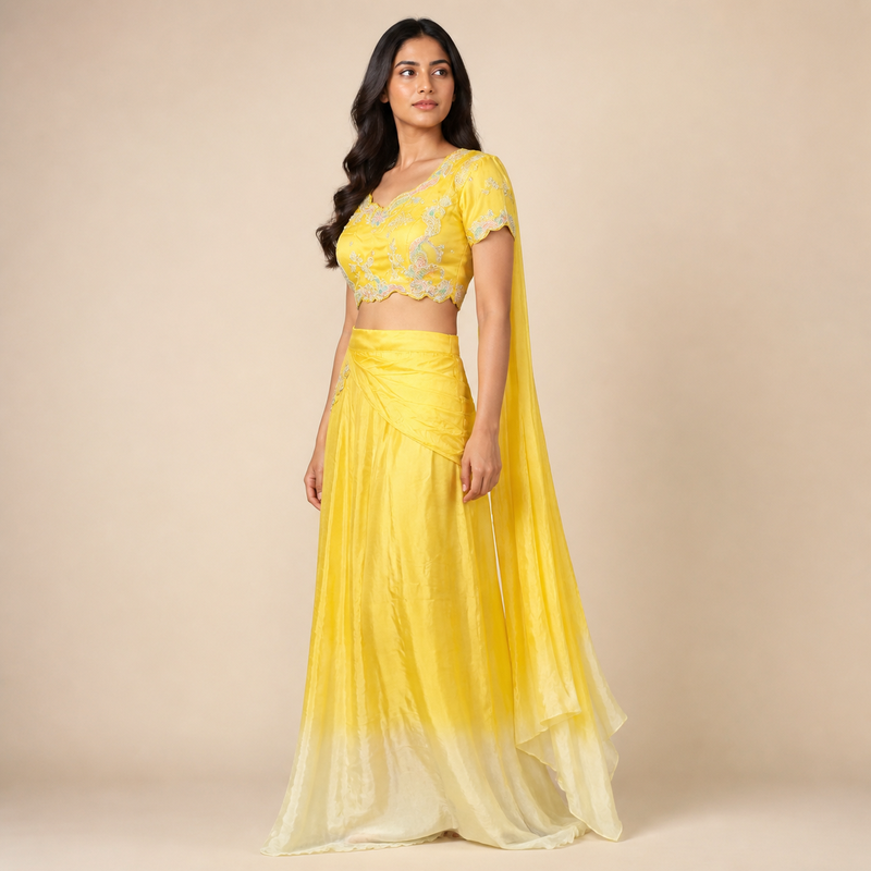 Sunshine Yellow Embroidered Draped Indo-Western Set