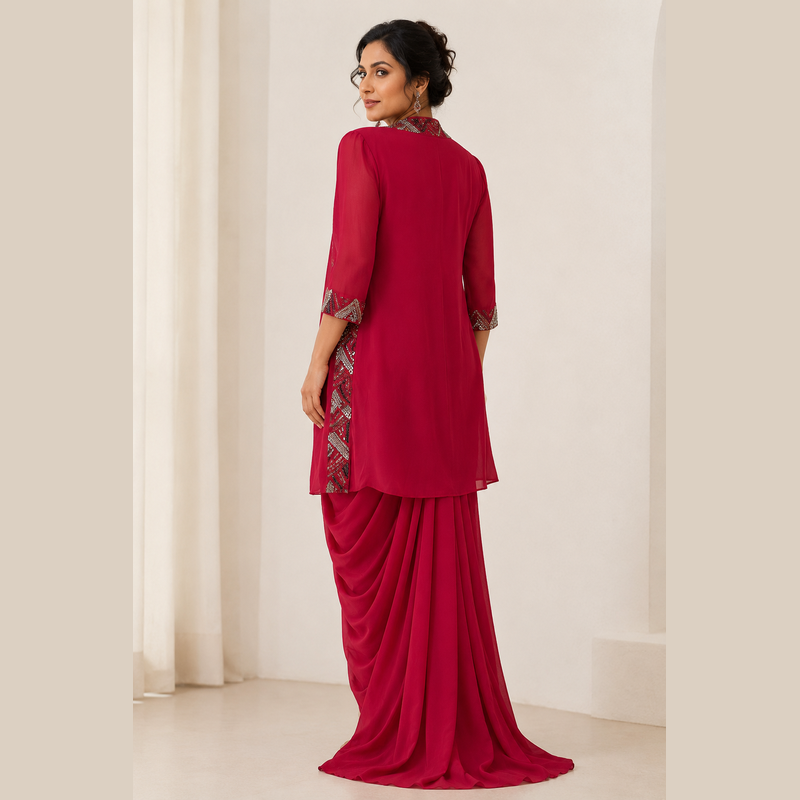 Ruby Red Embellished Indo-Western Three-Piece Set