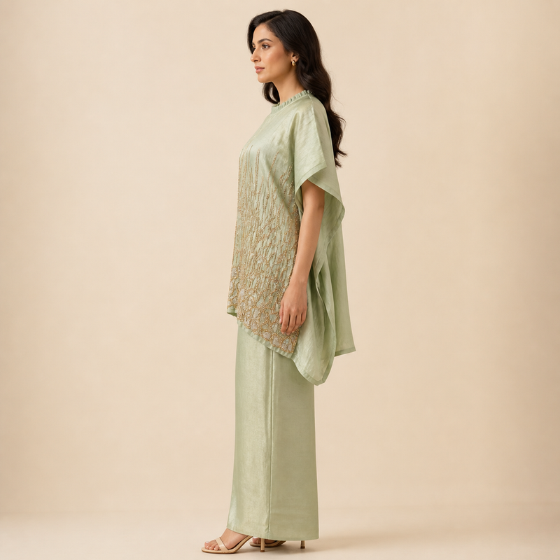 Sage Green Embellished Kaftan Pant Set