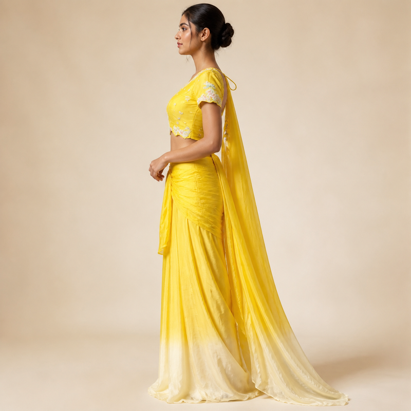 Sunshine Yellow Embroidered Draped Indo-Western Set