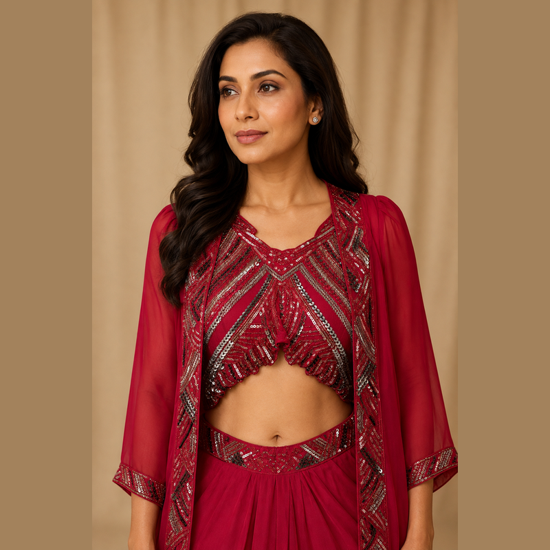 Ruby Red Embellished Indo-Western Three-Piece Set