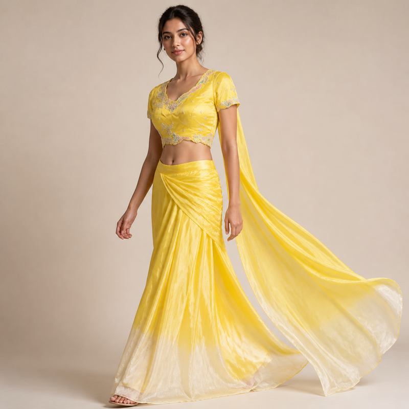 Sunshine Yellow Embroidered Draped Indo-Western Set