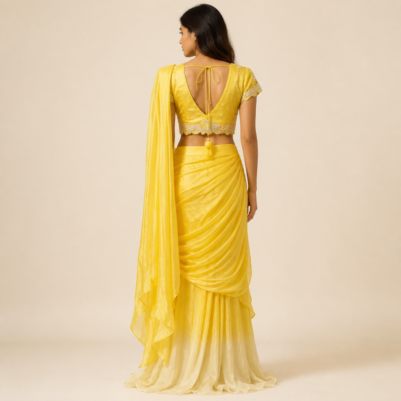 Sunshine Yellow Embroidered Draped Indo-Western Set