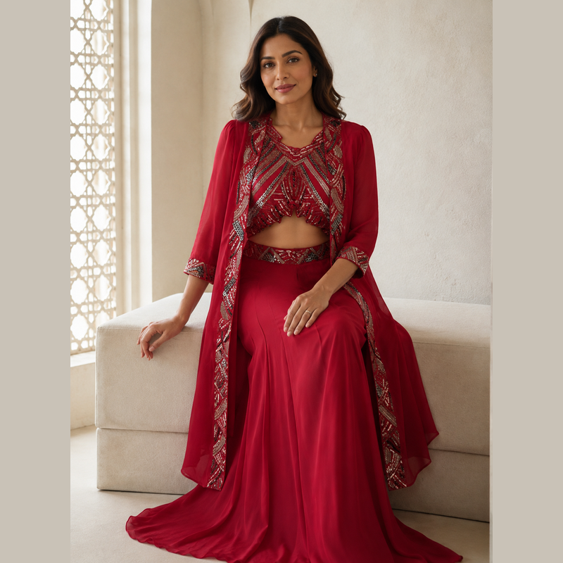 Ruby Red Embellished Indo-Western Three-Piece Set