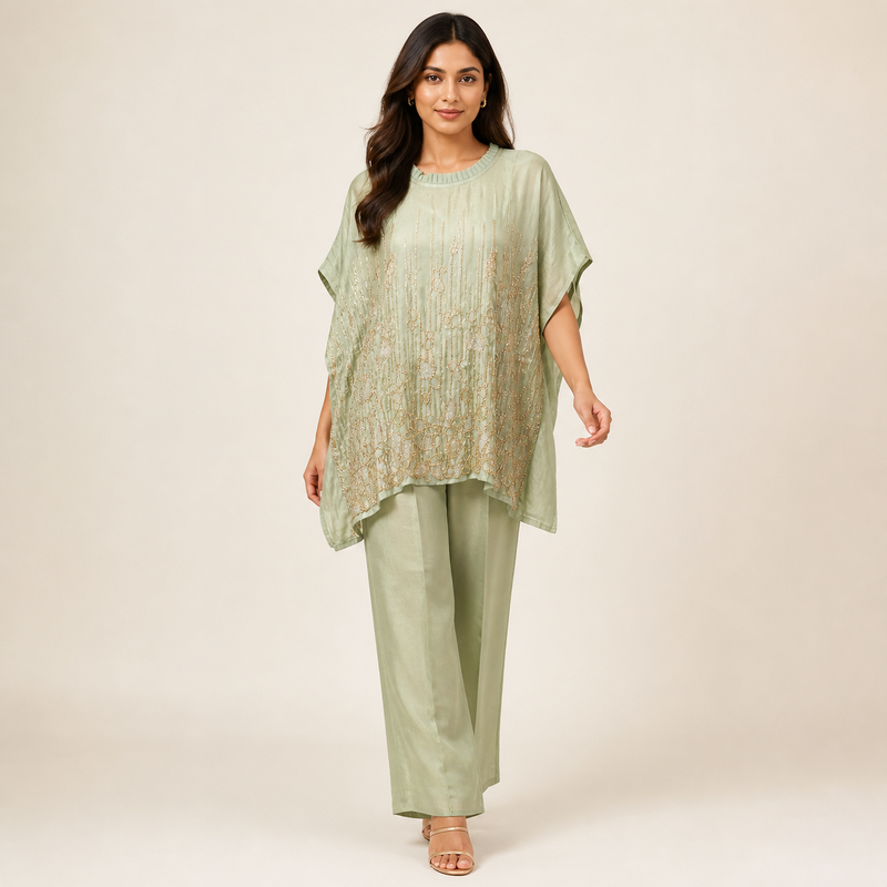 Sage Green Embellished Kaftan Pant Set