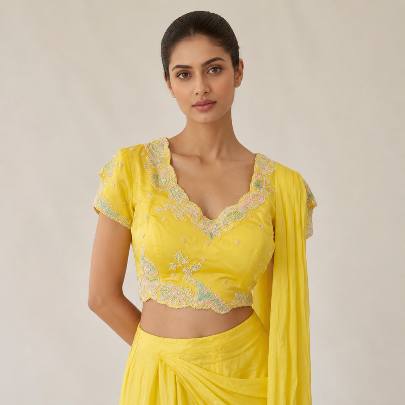 Sunshine Yellow Embroidered Draped Indo-Western Set