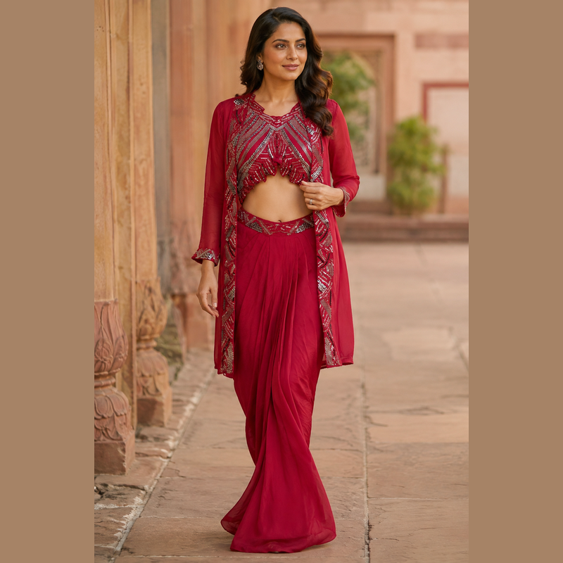 Ruby Red Embellished Indo-Western Three-Piece Set