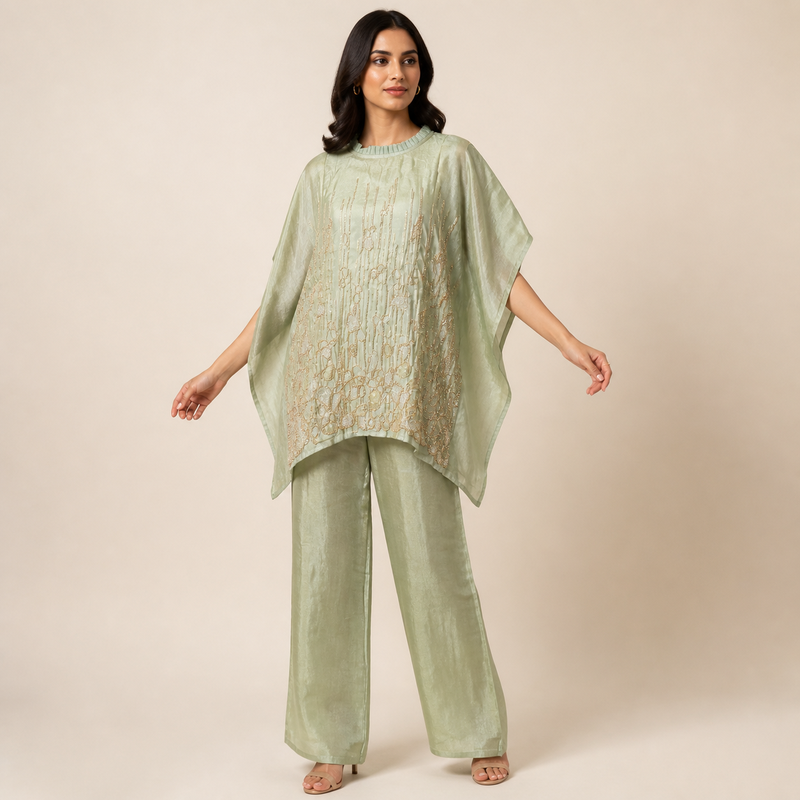 Sage Green Embellished Kaftan Pant Set