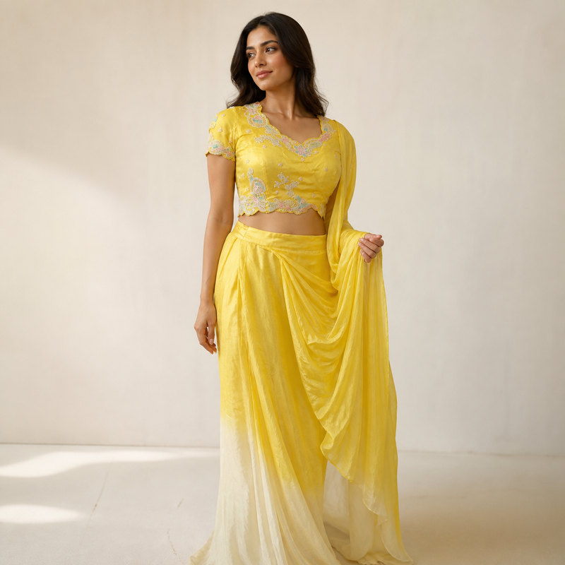 Sunshine Yellow Embroidered Draped Indo-Western Set