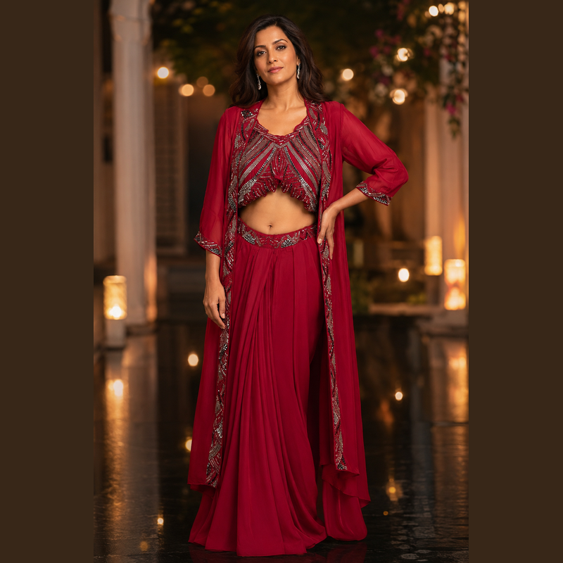 Ruby Red Embellished Indo-Western Three-Piece Set