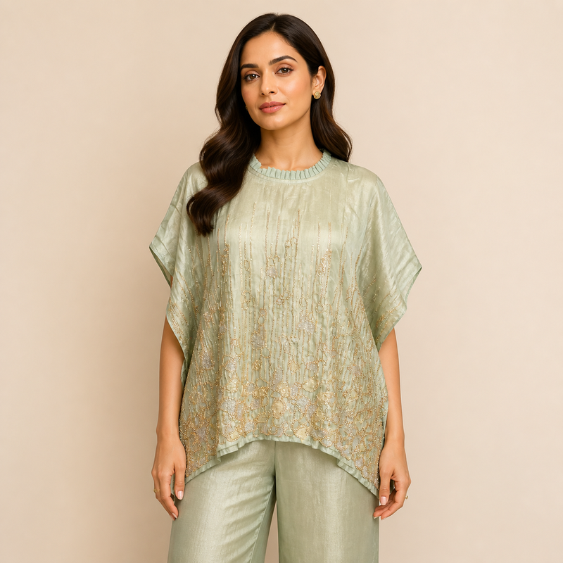 Sage Green Embellished Kaftan Pant Set