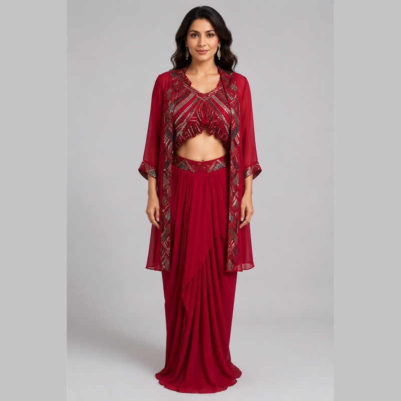 Ruby Red Embellished Indo-Western Three-Piece Set