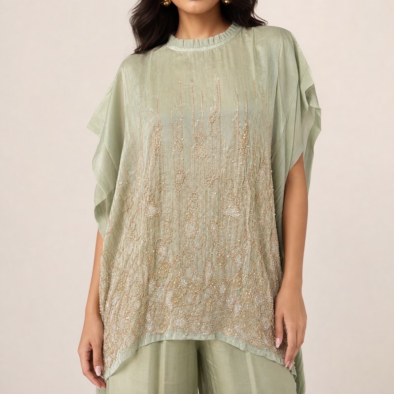 Sage Green Embellished Kaftan Pant Set