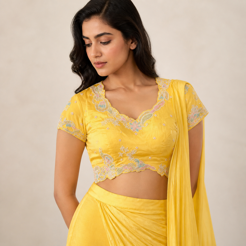 Sunshine Yellow Embroidered Draped Indo-Western Set