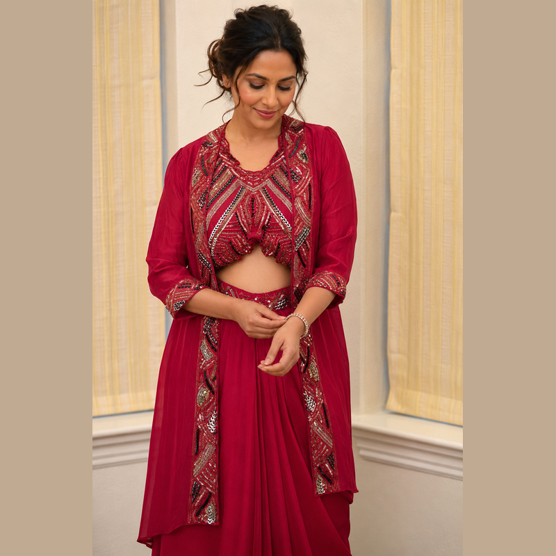 Ruby Red Embellished Indo-Western Three-Piece Set
