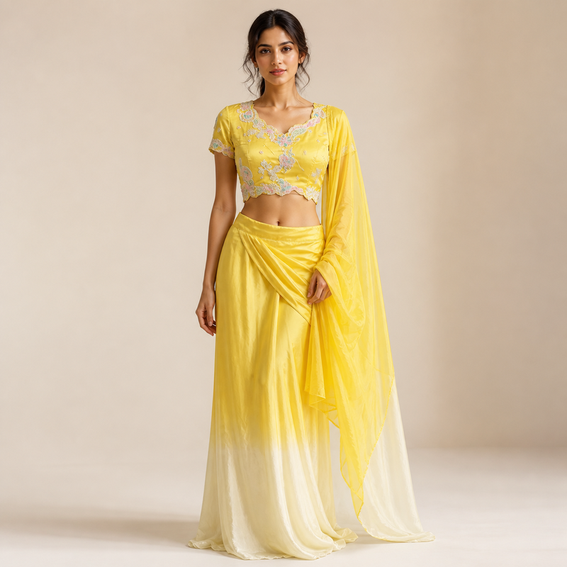Sunshine Yellow Embroidered Draped Indo-Western Set
