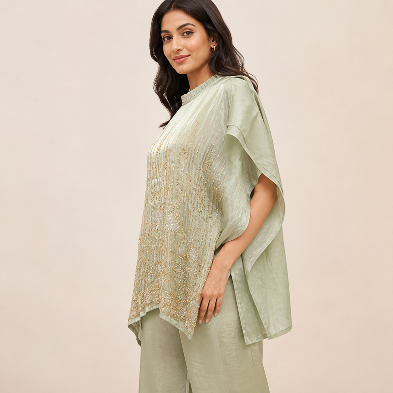 Sage Green Embellished Kaftan Pant Set