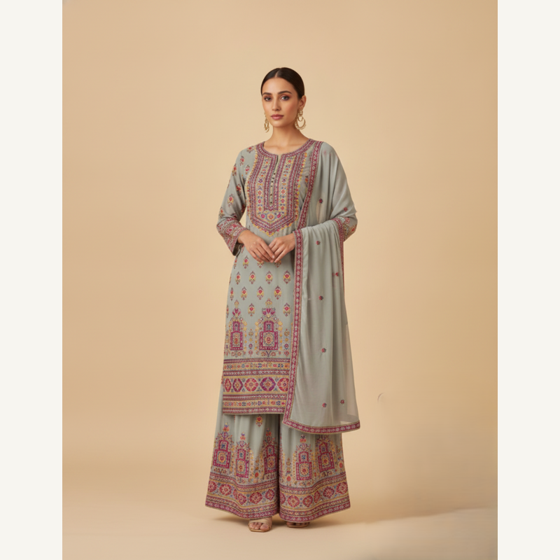 Mosaic Dream: Multi-Print & Embroidered Grey Sharara Set