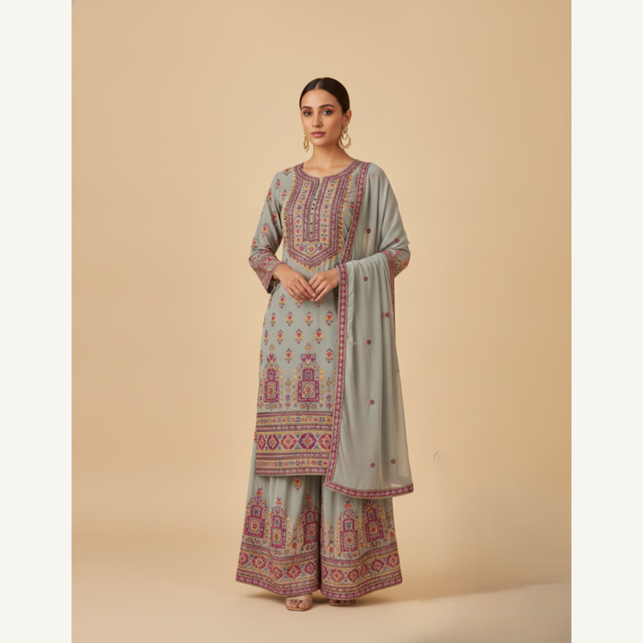 Mosaic Dream: Multi-Print & Embroidered Grey Sharara Set