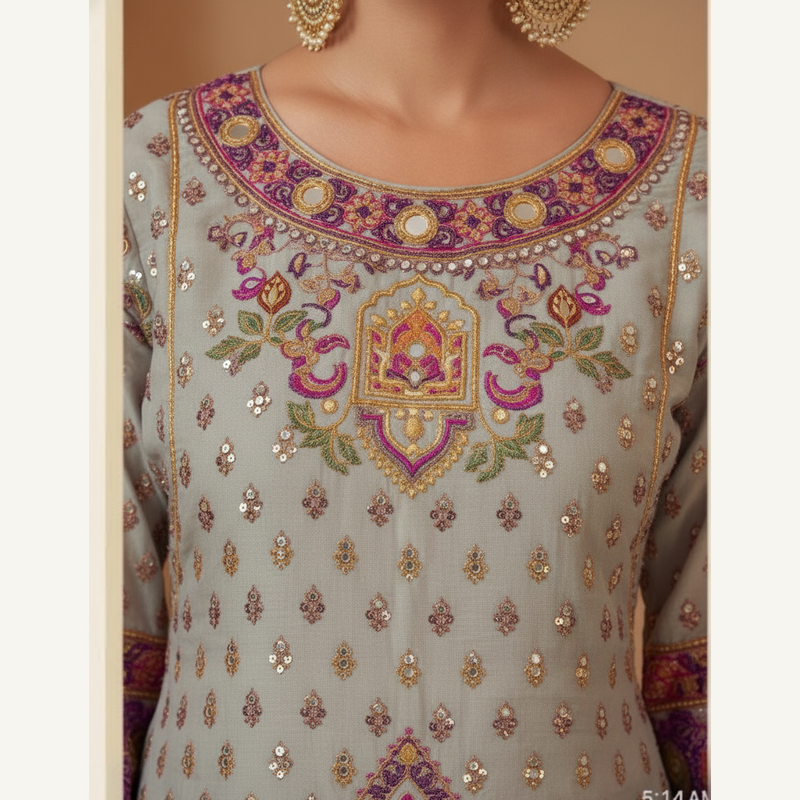 Mosaic Dream: Multi-Print & Embroidered Grey Sharara Set