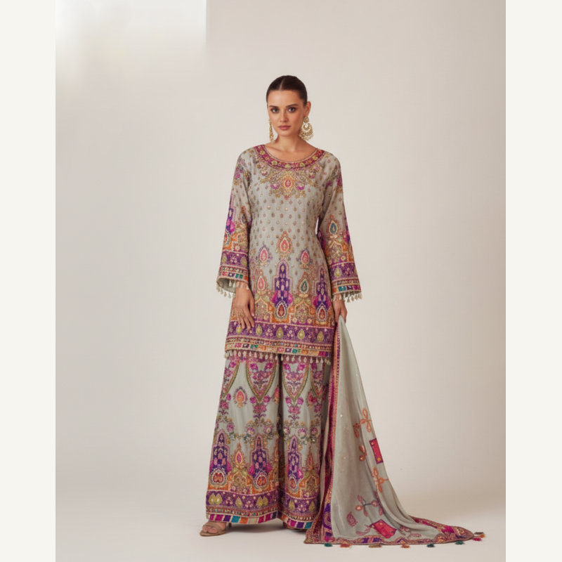 Mosaic Dream: Multi-Print & Embroidered Grey Sharara Set