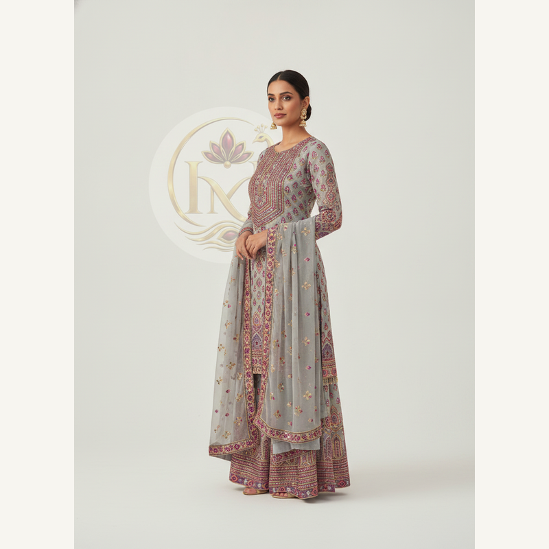 Mosaic Dream: Multi-Print & Embroidered Grey Sharara Set