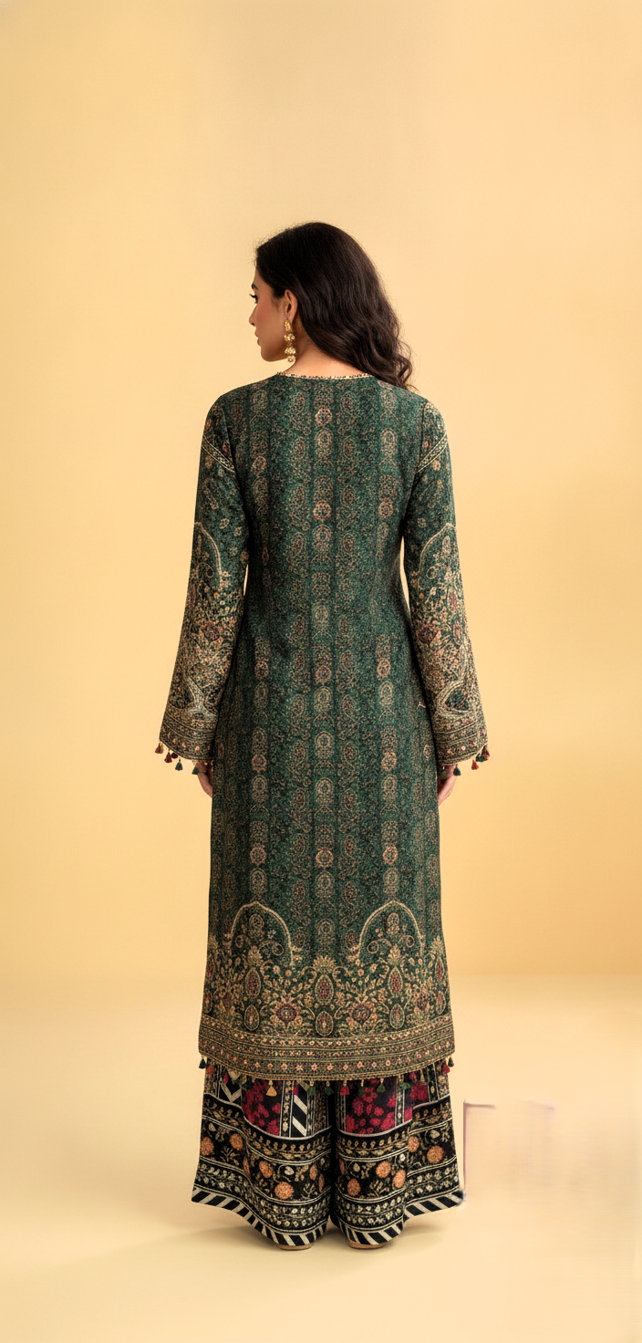Imperial Paisley: Deep Emerald & Crimson Printed Palazzo Suit Set