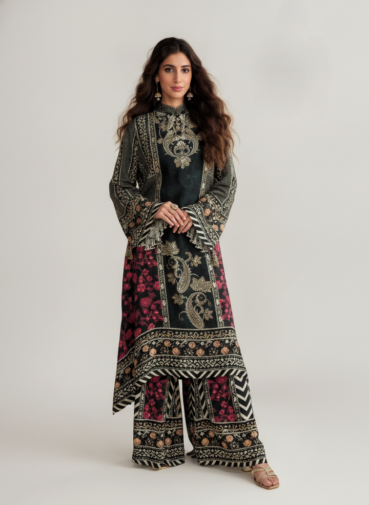 Imperial Paisley: Deep Emerald & Crimson Printed Palazzo Suit Set