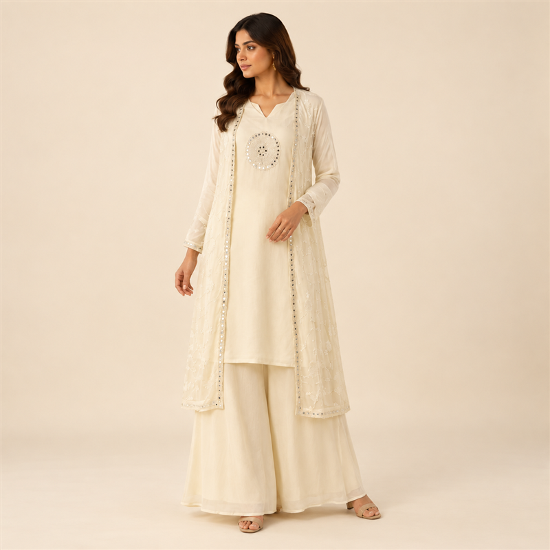 Ivory Radiance: Mirror-Accented Jacket & Palazzo Suit Set