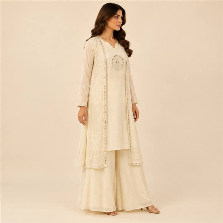 Ivory Radiance: Mirror-Accented Jacket & Palazzo Suit Set