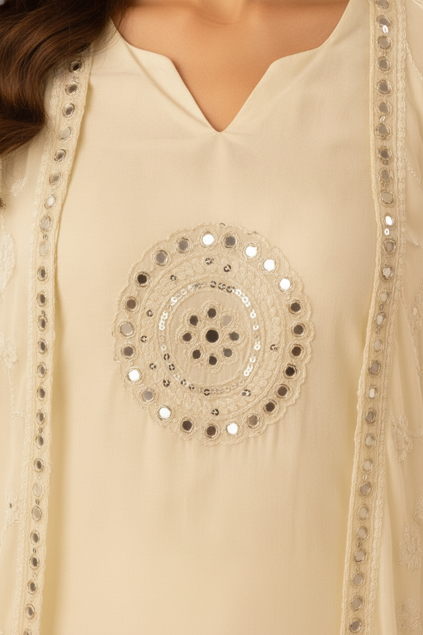 Ivory Radiance: Mirror-Accented Jacket & Palazzo Suit Set