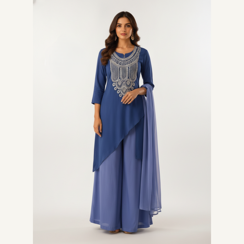 Saphire Flow: Asymmetrical Yoke-Embroidered Kurti & Palazzo Set