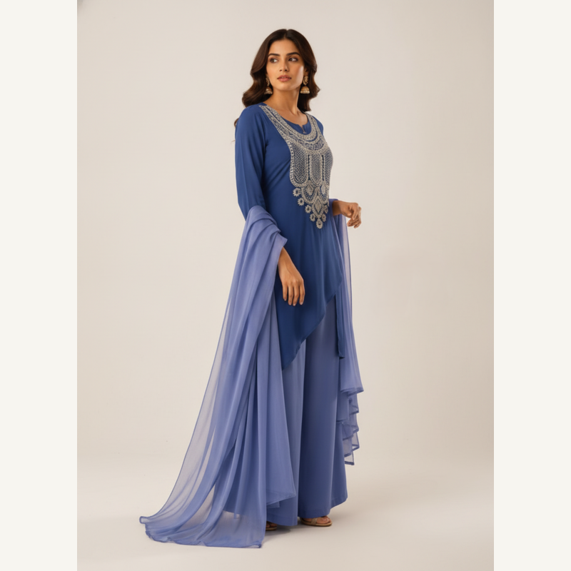 Saphire Flow: Asymmetrical Yoke-Embroidered Kurti & Palazzo Set