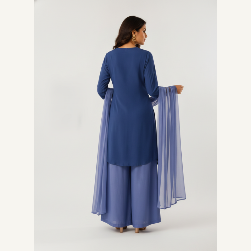 Saphire Flow: Asymmetrical Yoke-Embroidered Kurti & Palazzo Set
