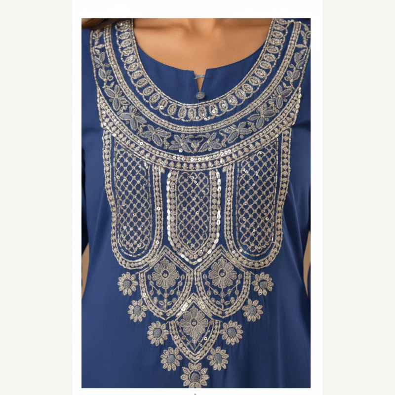 Saphire Flow: Asymmetrical Yoke-Embroidered Kurti & Palazzo Set