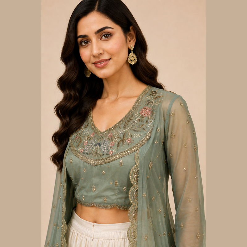 Sage Green Embroidered Jacket & Ivory Pant Set