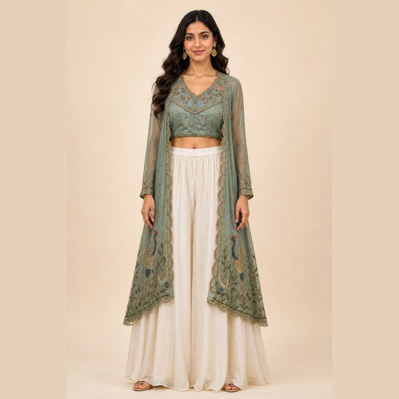 Sage Green Embroidered Jacket & Ivory Pant Set