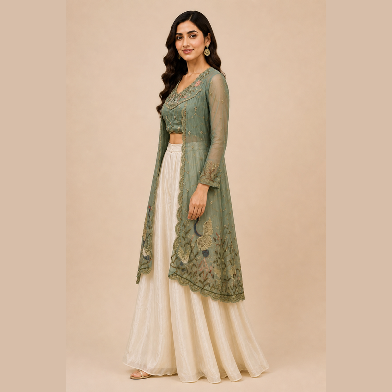 Sage Green Embroidered Jacket & Ivory Pant Set