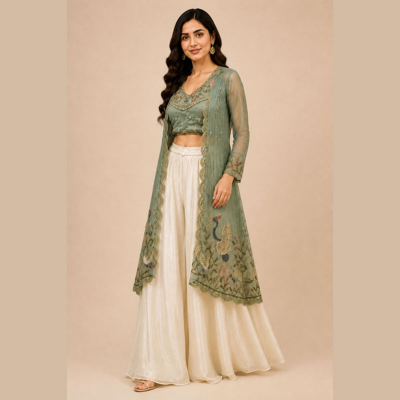 Sage Green Embroidered Jacket & Ivory Pant Set