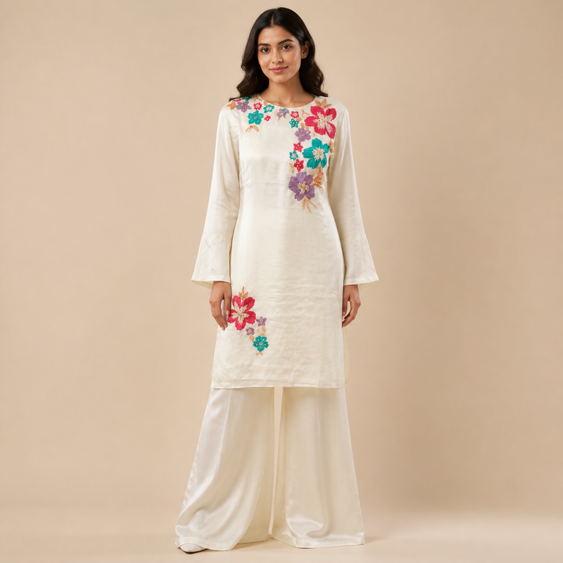 Ivory Floral Embroidered Indo-Western Set