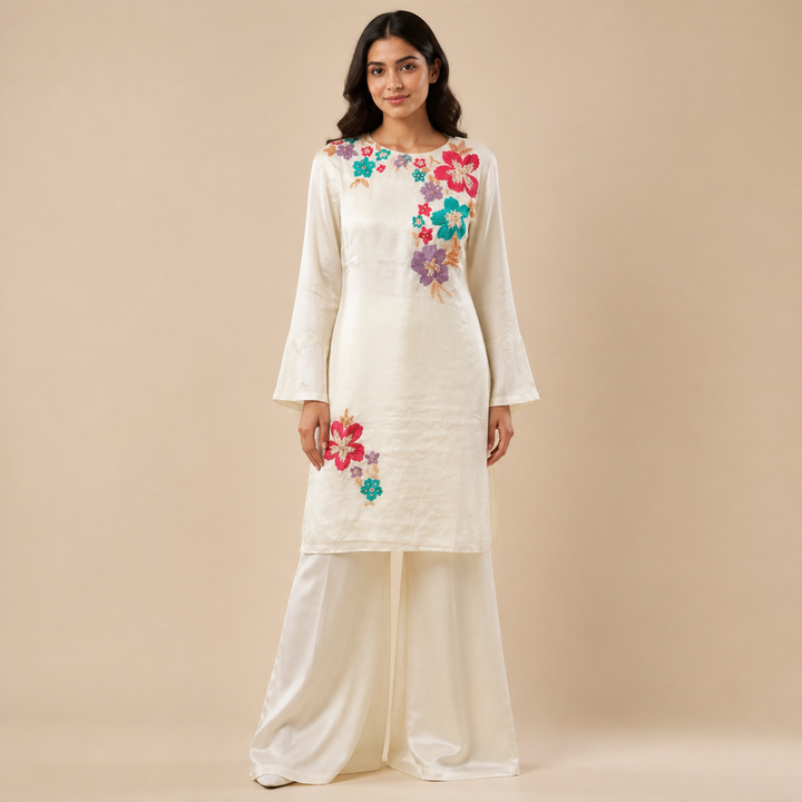 Ivory Floral Embroidered Indo-Western Set